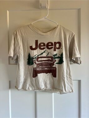 Jeep Cream Crop Tee with Maroon Truck and Green Trees Graphic